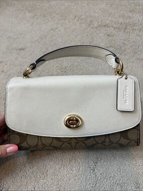 Coach White Leather & Signature Canvas Shoulder Bag with Gold Turnlock